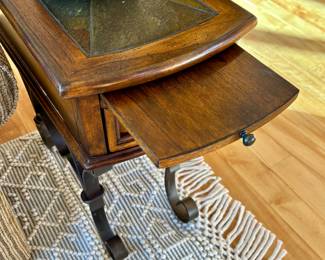 Pull out writing surface end table with stone/tile top