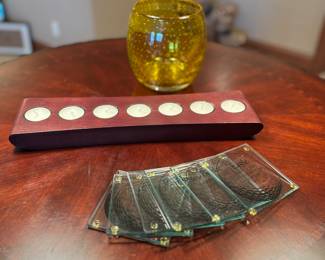 Decorative art glass vase, glass coasters and tea light holders