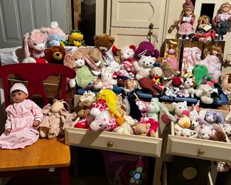 Assorted Vintage Stuffed animals and dolls and Barbies