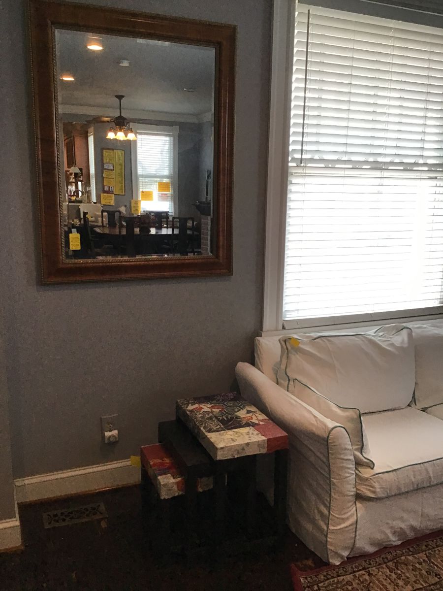 Beautiful large beveled mirror and 3 decorative stacking tables