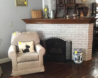 Overstuffed rocker with round ottoman and porcelain blue & white garden stool, etc.