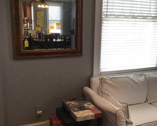 Beautiful large beveled mirror and 3 decorative stacking tables