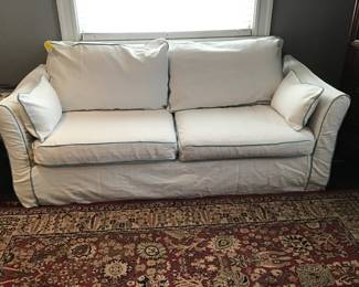 2 cushion sofa with brand new slip cover and area rug