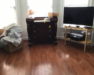 Empire chest, wicker chest, linens, TV, TV stand, printer, etc.