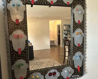 Whimsical Folk Art Mirror with Carey Signature and Cartoon Faces