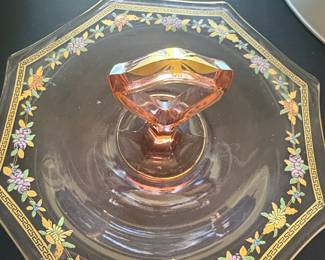 Tiffin Franciscan Rambler Rose Pink Depression Glass Cake Stand with Gold Trim