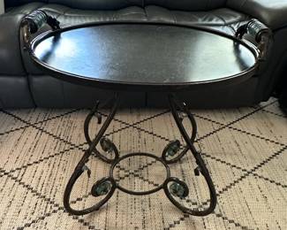 Ornate Wrought Iron Side Table with Ribbed Glass Handles