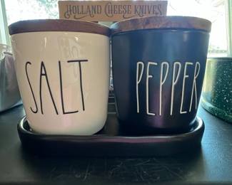 Rae Dunn Salt and Pepper Canisters with Wood Lids and Tray