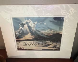 Matted Print of a Harbor Scene at Sunset