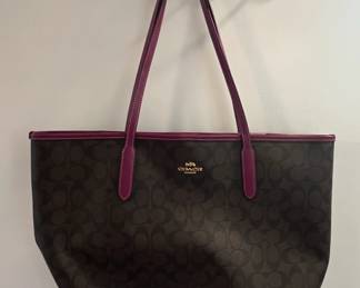 Coach City Tote Bag In Signature Canvas With Purple Trim