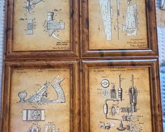 Set of Four Framed Patent Prints of Tools Hammer, Plane, Ratchet Bit Brace, and Saw Set