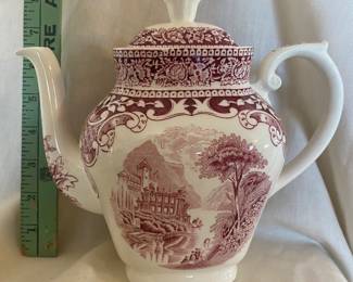  An antique red transferware Royal Sphinx Maastricht teapot in the "Cambridge" or "Castillo" pattern.