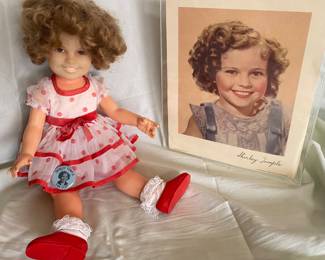Shirley Temple doll, fan club pin, photo