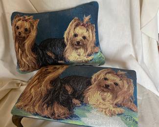 Small footstool with tapestry fabric depicting Yorkshire terriers & matching pillow
