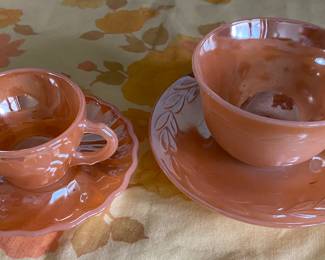 Vintage Anchor Hocking Fire King Peach Lustre Laurel Leaf teacups and saucers