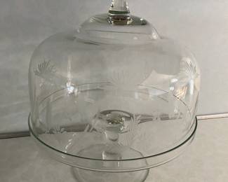 Large etched glass cake stand with cover 