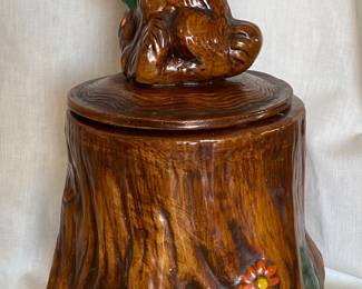 Vintage 1970s California Originals pottery cookie jar  featuring a brown rabbit on a tree stump, hand-painted with mushrooms and flowers 