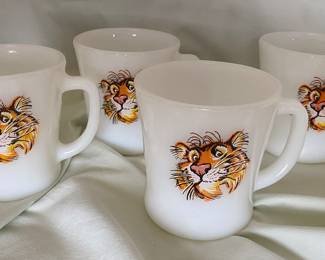 Set of vintage Fire-King Anchor Hocking milk glass coffee mugs featuring the Esso/Exxon "Put a Tiger in Your Tank" logo