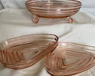 Pair of vintage Anchor Hocking Manhattan Pink Depression Glass relish tray inserts & footed candy dish (small chip)