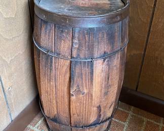 Small antique wooden barrel from the Pittsburgh Steel Company, likely used for shipping nails or wire