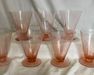 A set of vintage pink depression-era  Tiffin-Franciscan pattern, optic footed tumblers or juice glasses, 1930s.