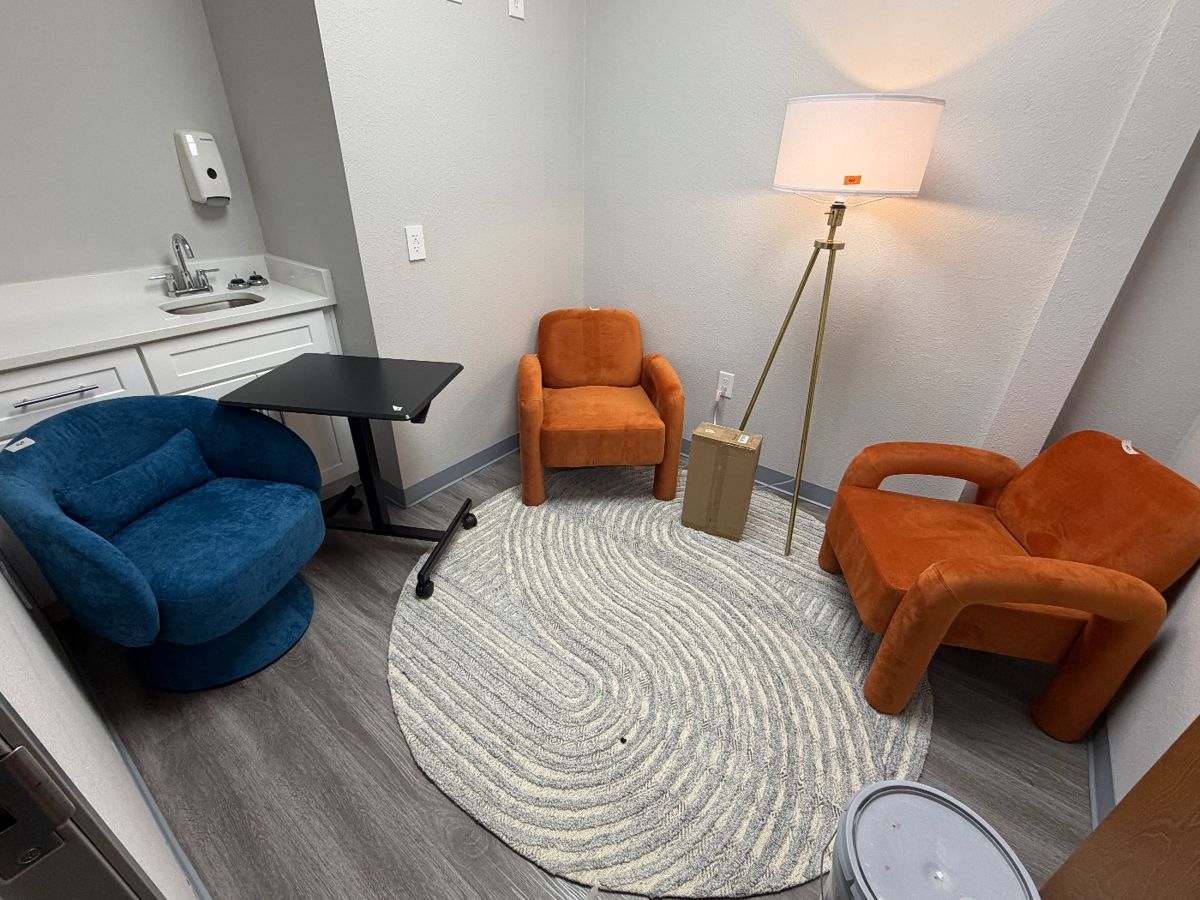 Items are individually priced. Reasonable offers welcome.   All items brand new! Blue chair - $85, Orange Chairs - $85, Lamp - $60, (another lamp is also in box) rolling table - $40, Rug - $20