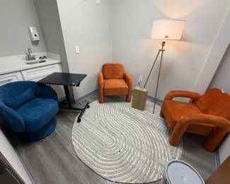 Items are individually priced. Reasonable offers welcome.   All items brand new! Blue chair - $85, Orange Chairs - $85, Lamp - $60, (another lamp is also in box) rolling table - $40, Rug - $20