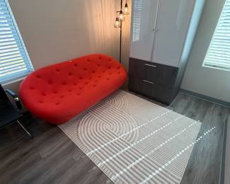 Items are individually priced. Reasonable offers welcome.   All items brand new! Orange Couch - $300,  Lateral storage unit with glass doors - $500, Area Rug - $10, Lamp - $75
