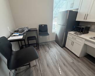 Items are individually priced. Reasonable offers welcome.   All items brand new! Tall Chairs - $45, Break room corner table and stools - $100, Fridge with ice maker - $500, Microwave - $25