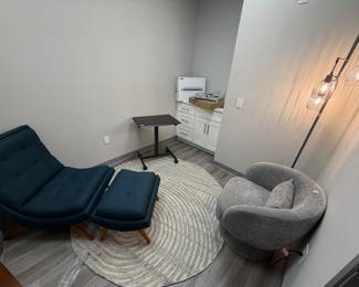 Items are individually priced. Reasonable offers welcome.   All items brand new! Lamp $75, Grey Accent Chair - $85, Rug - $20, Rolling table - $40, Ubiquiti Unifi Switch - $400 