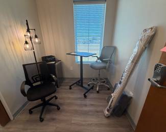 Items are individually priced. Reasonable offers welcome.   All items brand new!  Fridge - $140, Tall chair - $25, Desk Chair - $25, Rolling table - $40, Area Rugs - $15-20
