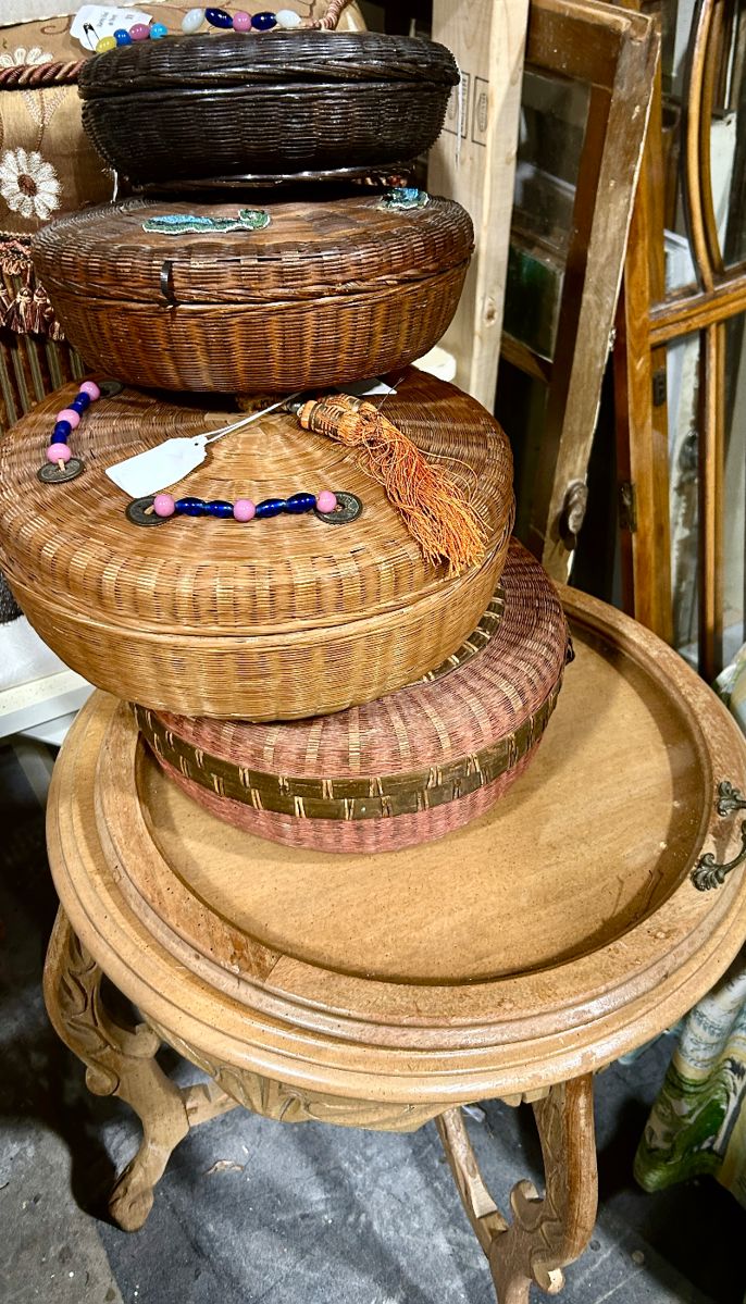 Vintage Sewing Baskets French Side Table w/ Removable Tray