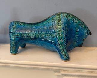 Fabulous Italian Pottery Bull 1959 Aldo Londi for Bitossi Rimini Blu