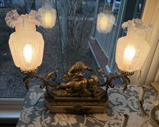 Antique Lamp with Cherubs on marble base