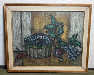 Stilllife painting of grapes in a folk art or expressionist style.