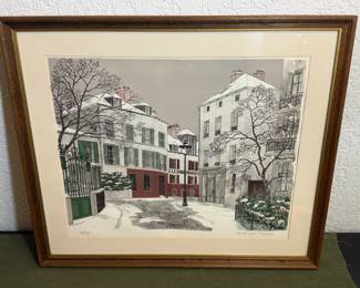 Lithograph print of a French street scene by artist Denis Paul Noyer