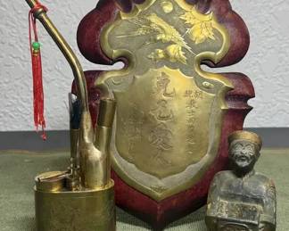 Chinese Collectibles wedding bed plaque, opium pipe and incense burner