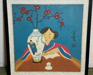 YONGKAI HU Girl seated at a table next to a vase of flowers Mixed media on paper