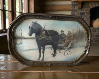 Oval Vintage Bubble Glass Frame WHorse Snow Sledding Print