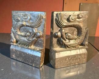 Pair Chinese Hand Carved Brown Soapstone Bookends with Dragons Motif