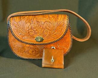 Tooled Leather Handbag And Snake Skin Coin Purse