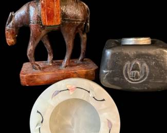 Alabaster, Black Clay Ashtrays Carved Wooden Candlestick