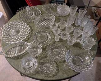 Fostoria collection- 18 water goblets 16 saucers 16 cups 19 small bread plates 1 candy dish with lid 20 dinner plates 2 salt shakers, 2 pepper shakers 2 serving platters 3 sugar bowls 5 creamers 1 divided veg/relish serving dish 1 small candy dish with hook handle 1 keyhole platter 1 toothpick holder 1 oval serving dish 10 small plates 5 dessert dishes 8 juice glasses 7 small fruit dishes 1 handled serving dish 2 candelabras holds three candles 1 cake server 1 round serving dish 1 butter dish with cover 1 small serving dish with like for jam 2 small oval serving dishes 2 flat butter dishes no co