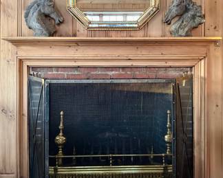 Fireplace screen, brass fender and andirons