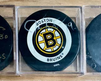 Autographed Jerry Cheevers, Joe Thorton & Cam Neely Hockey Pucks