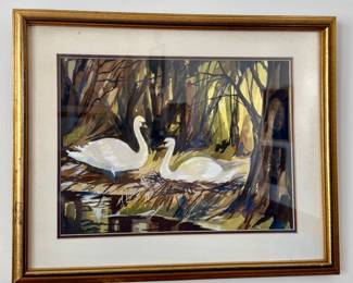 "Swans" Watercolor, Signed
