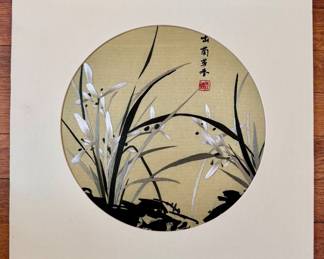 "Flowers & Leaves" Silk Embroidery Art, Signed