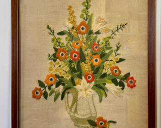 Needlepoint Pitcher of Flowers, Signed