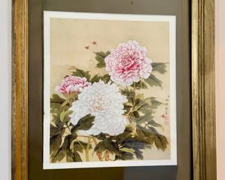 "Peonies" Watercolor on Silk, Signed