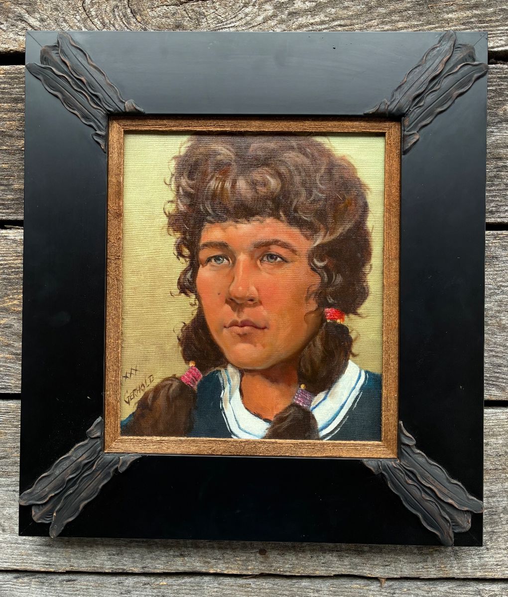 Mel Gerhold (American, b. 1928) — “Ranch Girl”
Original Oil on Canvas, c. 1960
Original oil on canvas by Mel Gerhold, an American Western and Native American artist known for his expressive portraits of working cowboys, ranch figures, and Indigenous subjects of the American Plains and West. This painting, titled Ranch Girl, dates to approximately 1960 and is signed lower left.